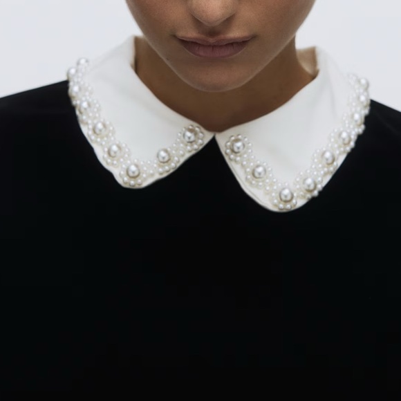 H&M Velvet Short Dress with Contrasting Collar with Pearlescent Beads Black NWT - Picture 2 of 4